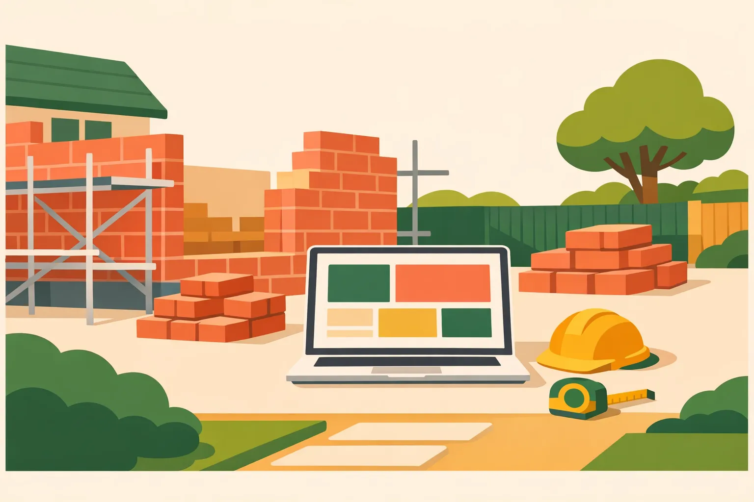 Illustration of a house extension blueprint alongside a glowing website on a laptop