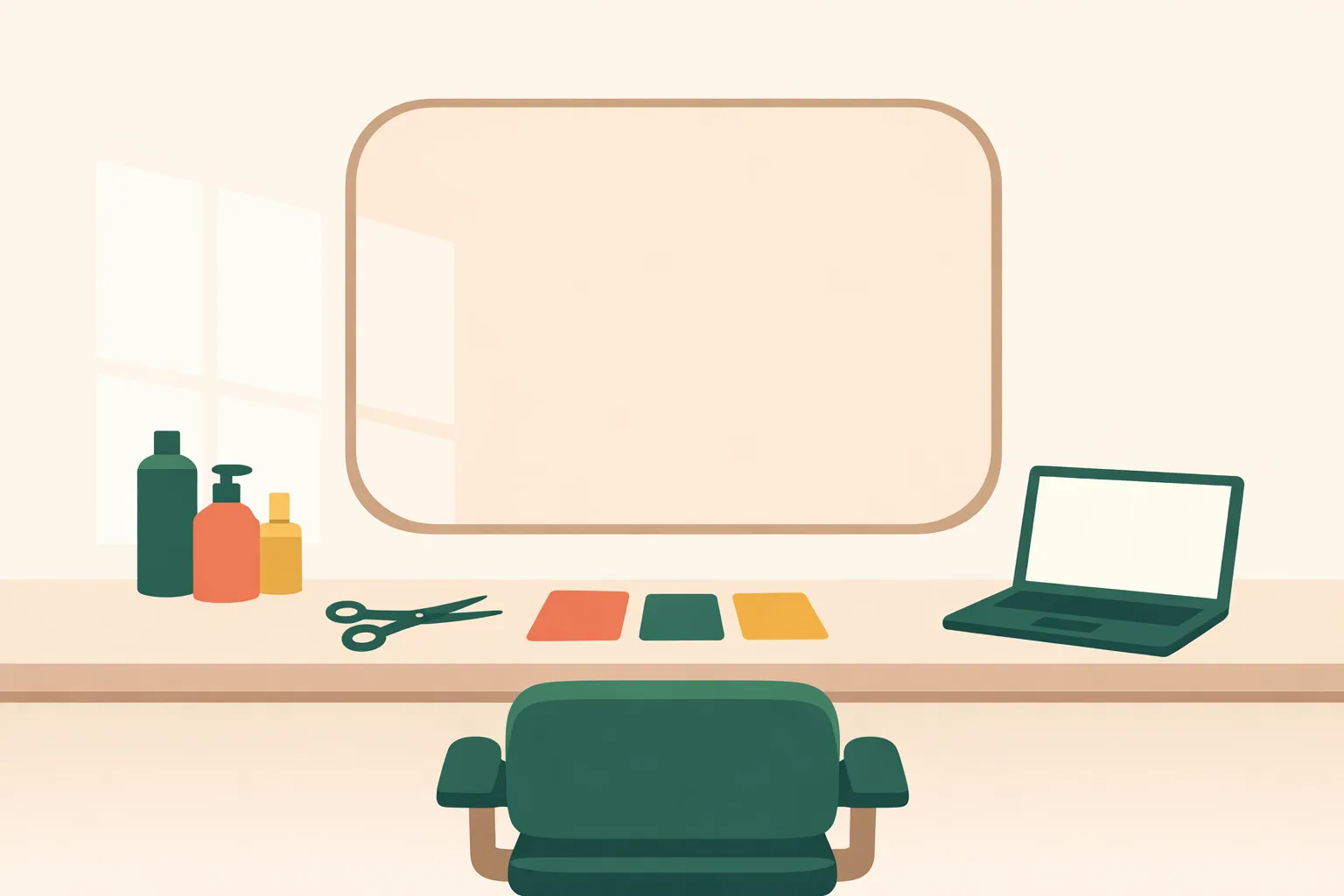Illustration of a hair salon styling station with a laptop showing a professional website