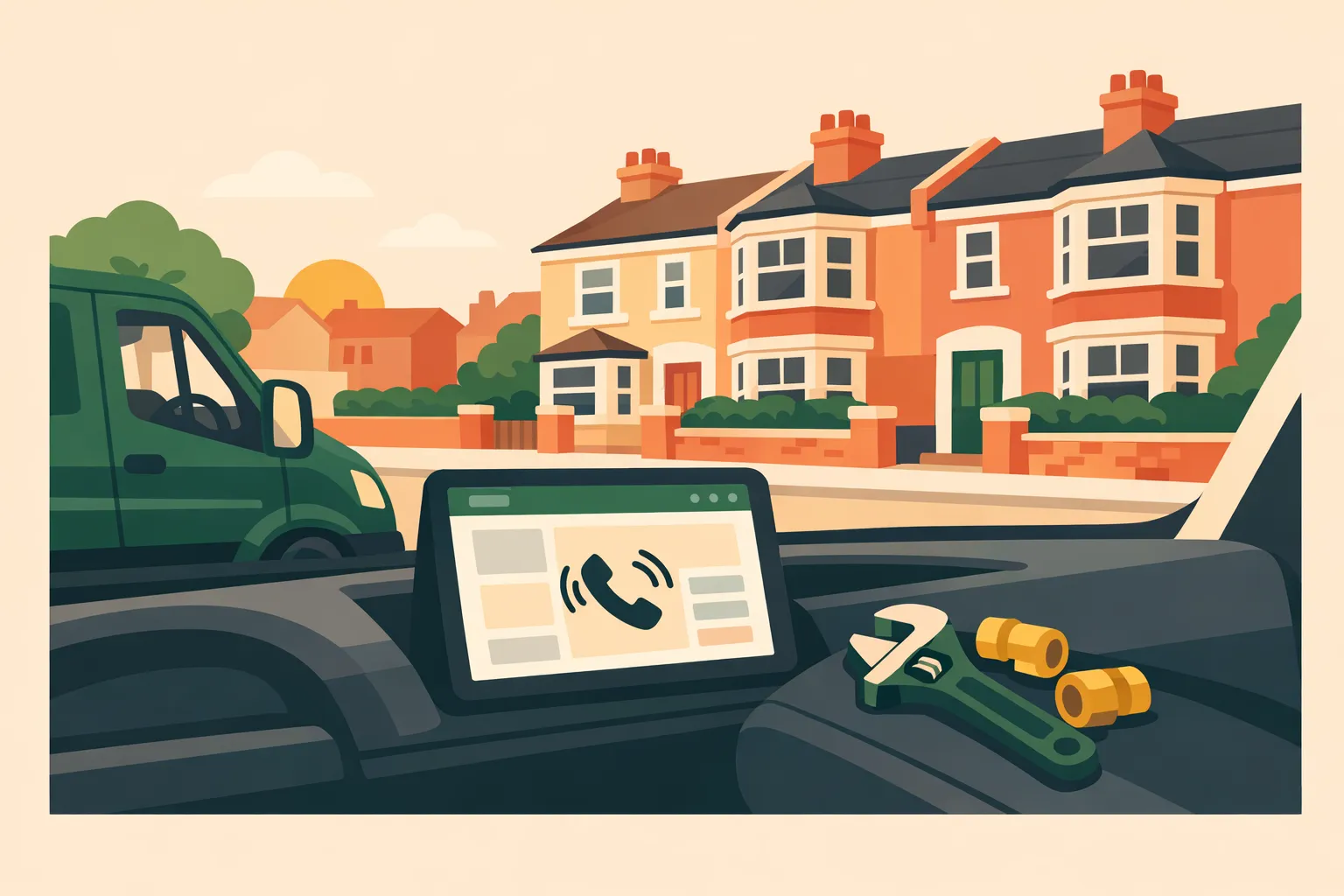 Illustration of a plumber's tools alongside a glowing website on a tablet screen