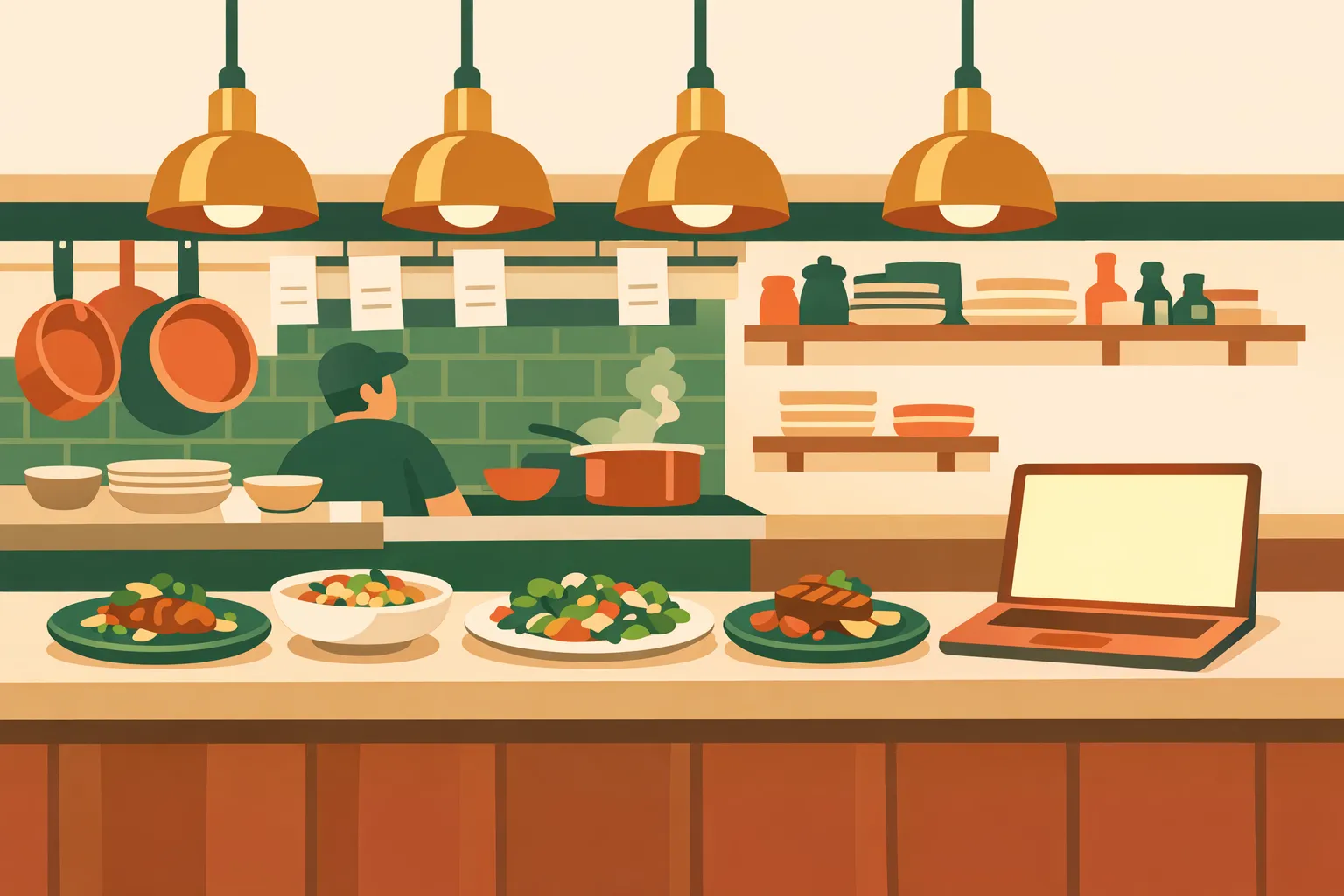 Illustration of a restaurant kitchen pass with plated dishes and a glowing laptop showing a website