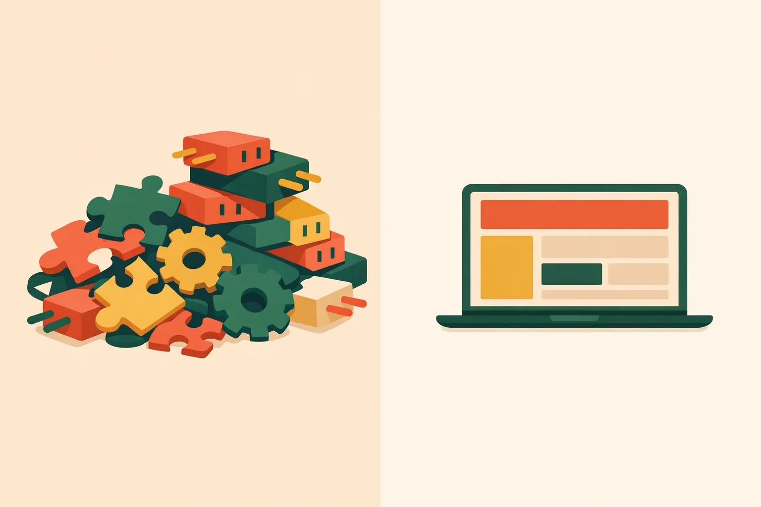 Illustration comparing a complex puzzle of WordPress plugins with a simple, clean website