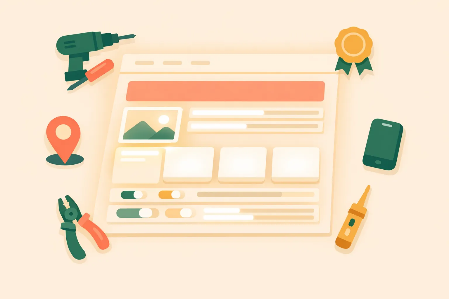 Illustration of an electrician's website layout with highlighted sections for qualifications, services, and contact details